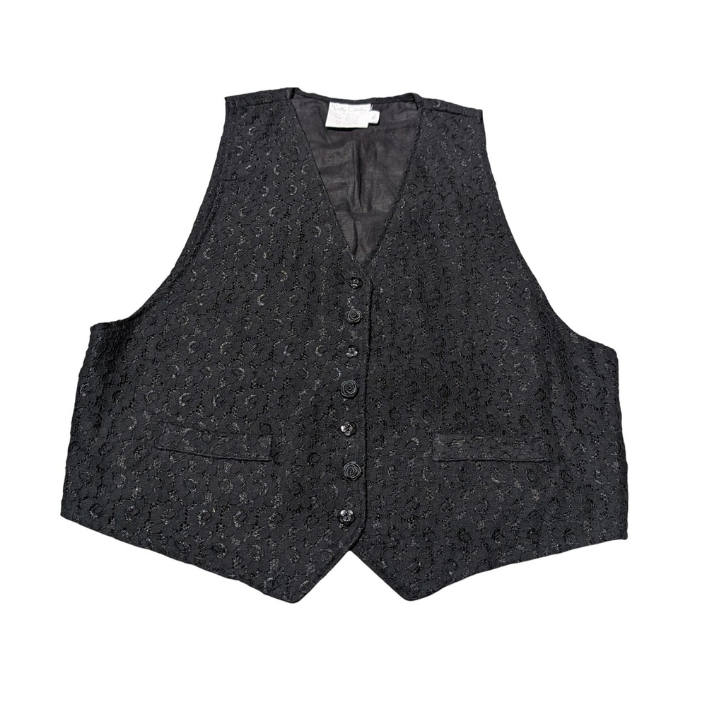 Pierre Cardin Vest Women XL Black Floral Lace Metallic V-Neck Vintage Linen
